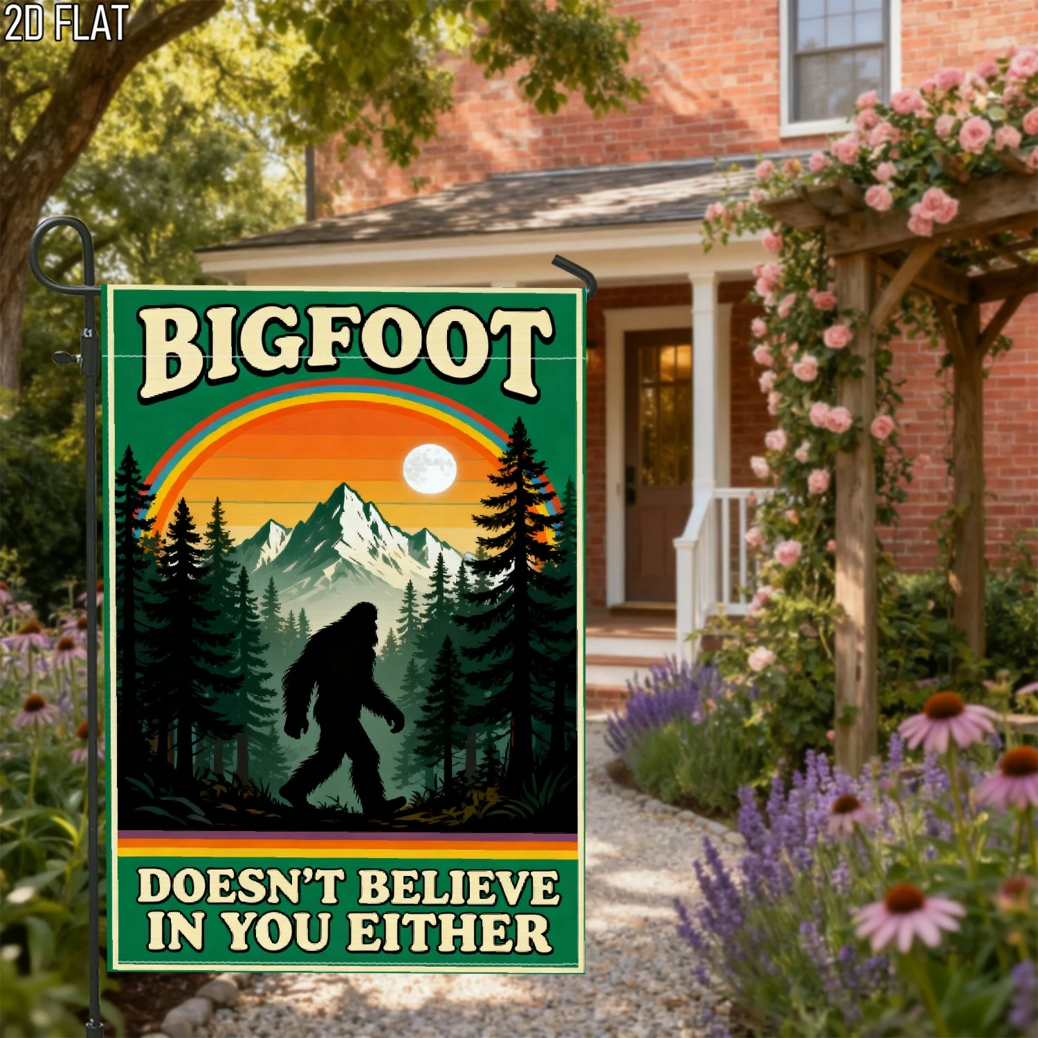 1pcs Vintage Bigfoot Doesn't Believe In You Either Garden Flag Retro Forest Mountain Sunset Yard Flag Outdoor Decor