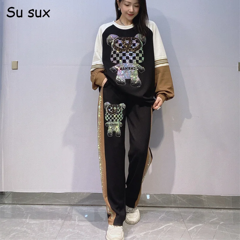 Plaid Bear O Neck Sweatshirt 2 Piece Set Woman Outfits 2026 Spring Autumn Casual Oversized Patchwork Pant Sets Streetwear Femme