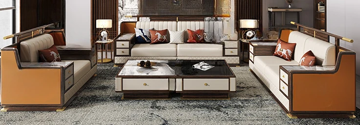 new Solid wood sofa Modern light luxury leather sofa Large apartment villa living room furniture