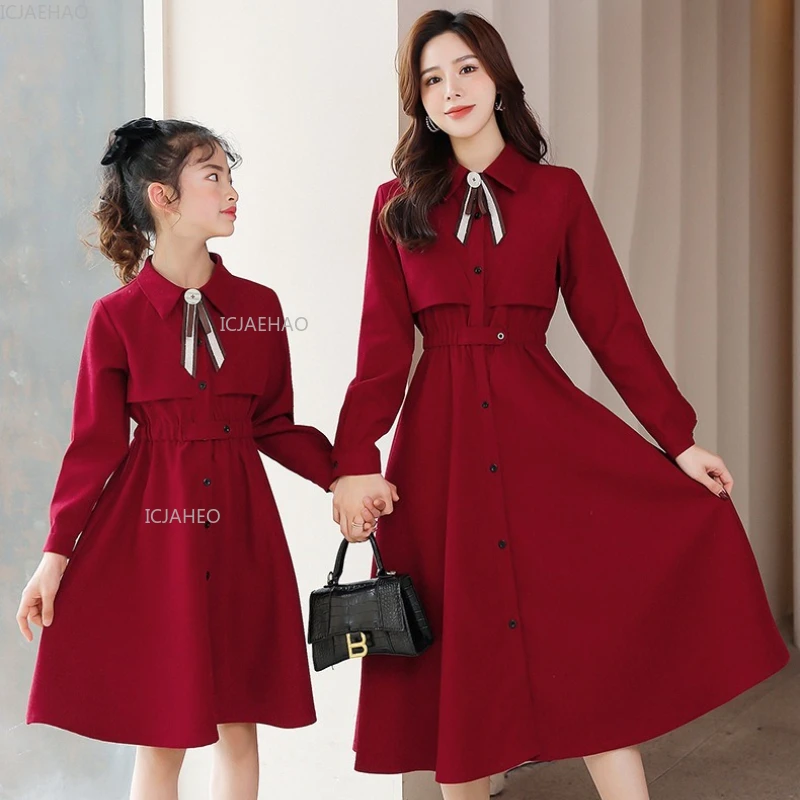 

Mother Daughter Matching Dress Red Chinese Style Qipao Spring Clothes New Vintage Artistic Motherhood Gown Dresses Set Clothes