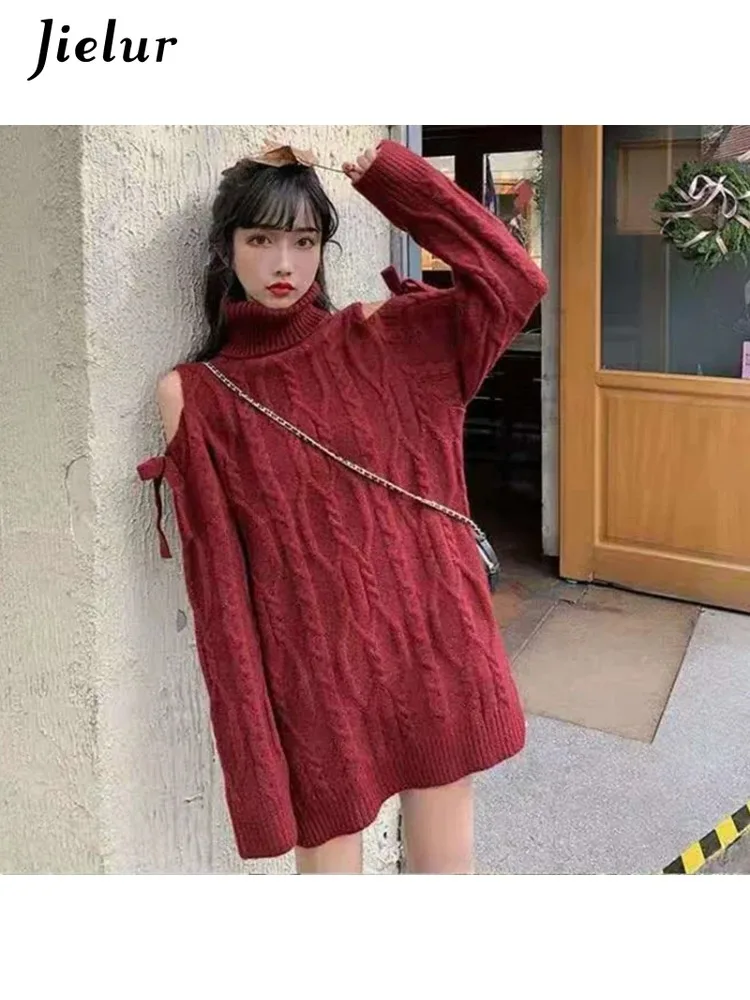 Jielur Spring Christmas Turtleneck Sweater Women Fashion Twist Long Sleeve Jumper Wine Red New Year Loose Knitwear Pullover