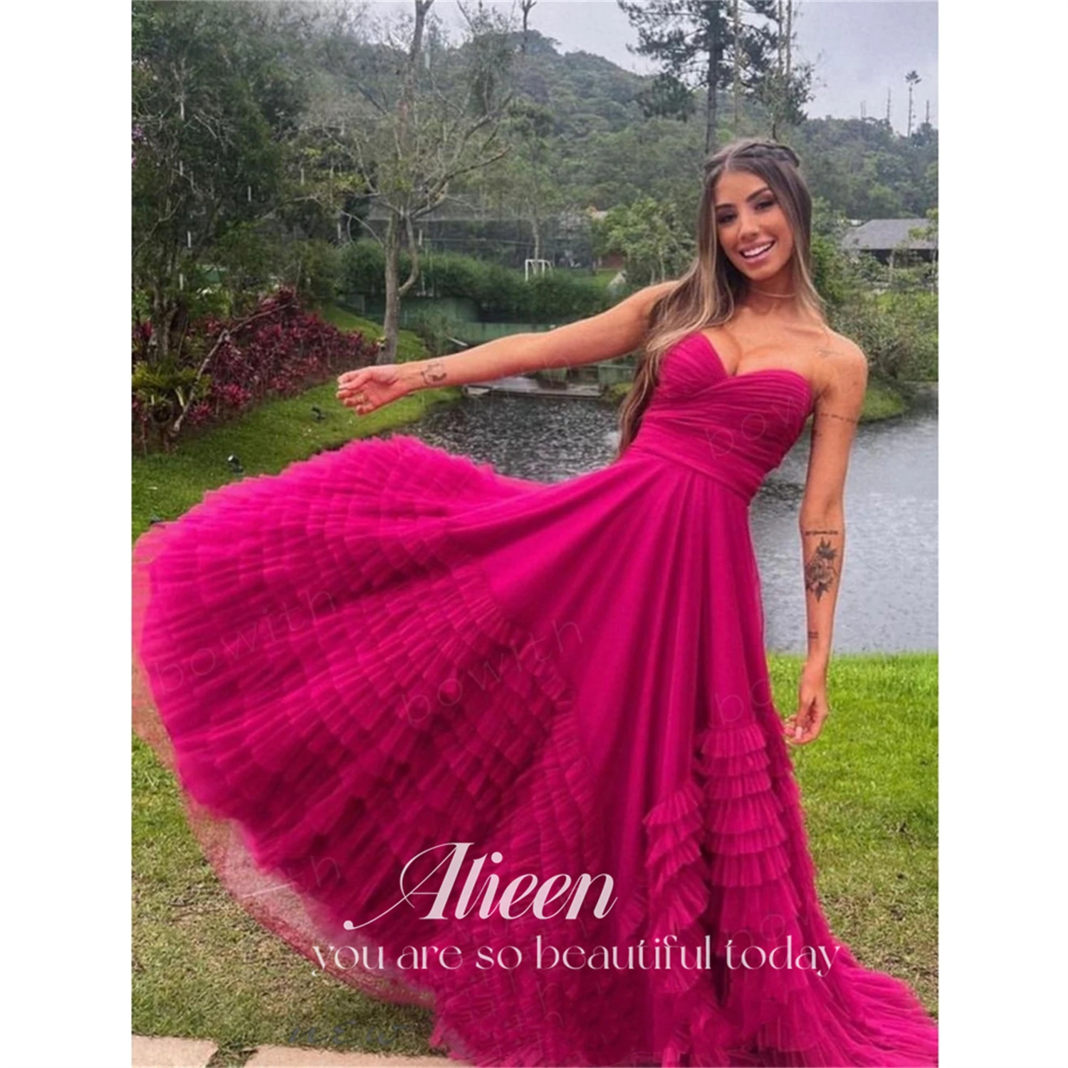 Aileen Sweetheart Multi-layer Rose Red Luxurious Turkish Evening Gowns Wedding Party Dress Women Elegant Luxury Prom Dresses