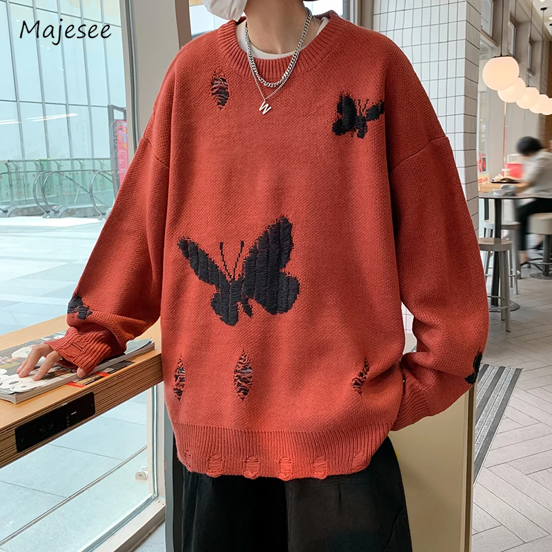 

Sweaters Men Hole Long Sleeves Korean Style Loose Casual Males Pullovers Retro Simple Autumn Knitwear Handsome High Street Chic