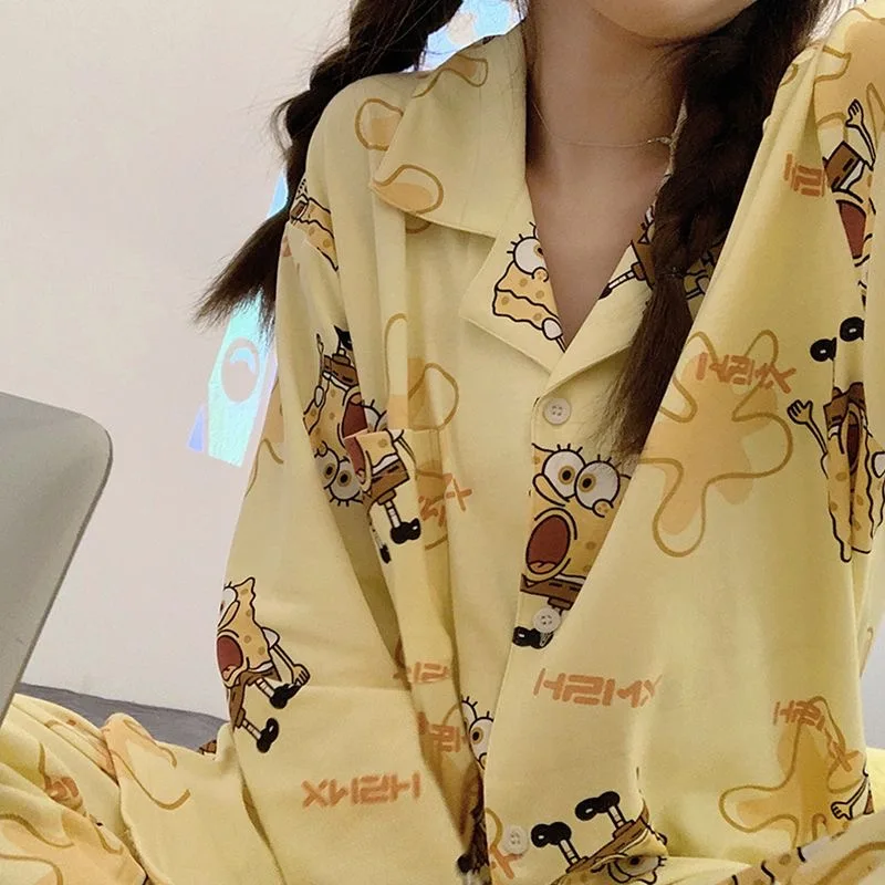 

Cartoon SpongeBob Print Women's Pajama Set Soft Thin Long Sleeve Top Pants Ins Style Casual Loungewear Comfortable Outfit