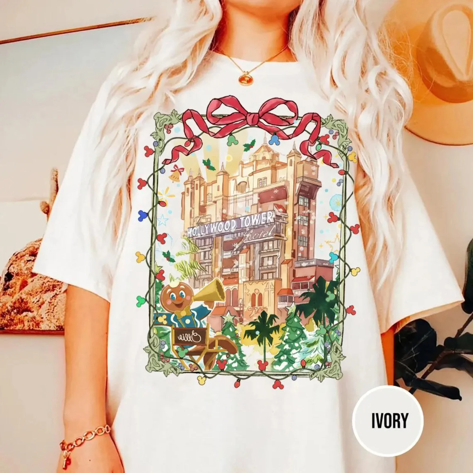 

Футболка с бантом Disney Jollywood Nights Hollywood Studios, Рождественская семейная рубашка Disneyland, рубашка с пряником Ollie