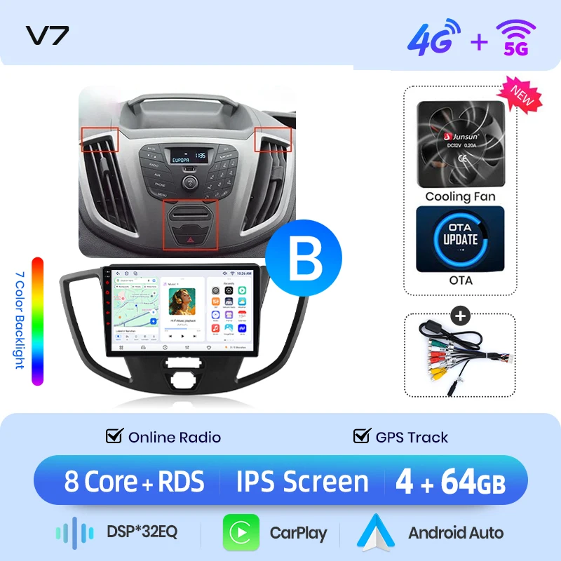 Junsun draadloze CarPlay Android Auto autoradio voor Ford Transit Custom / Tourneo Custom 2012-2023 met ingebouwde koelventilator, Android GPS navigatie, multimediaspeler, WiFi, DSP, RDS, BT, SWC, IPS