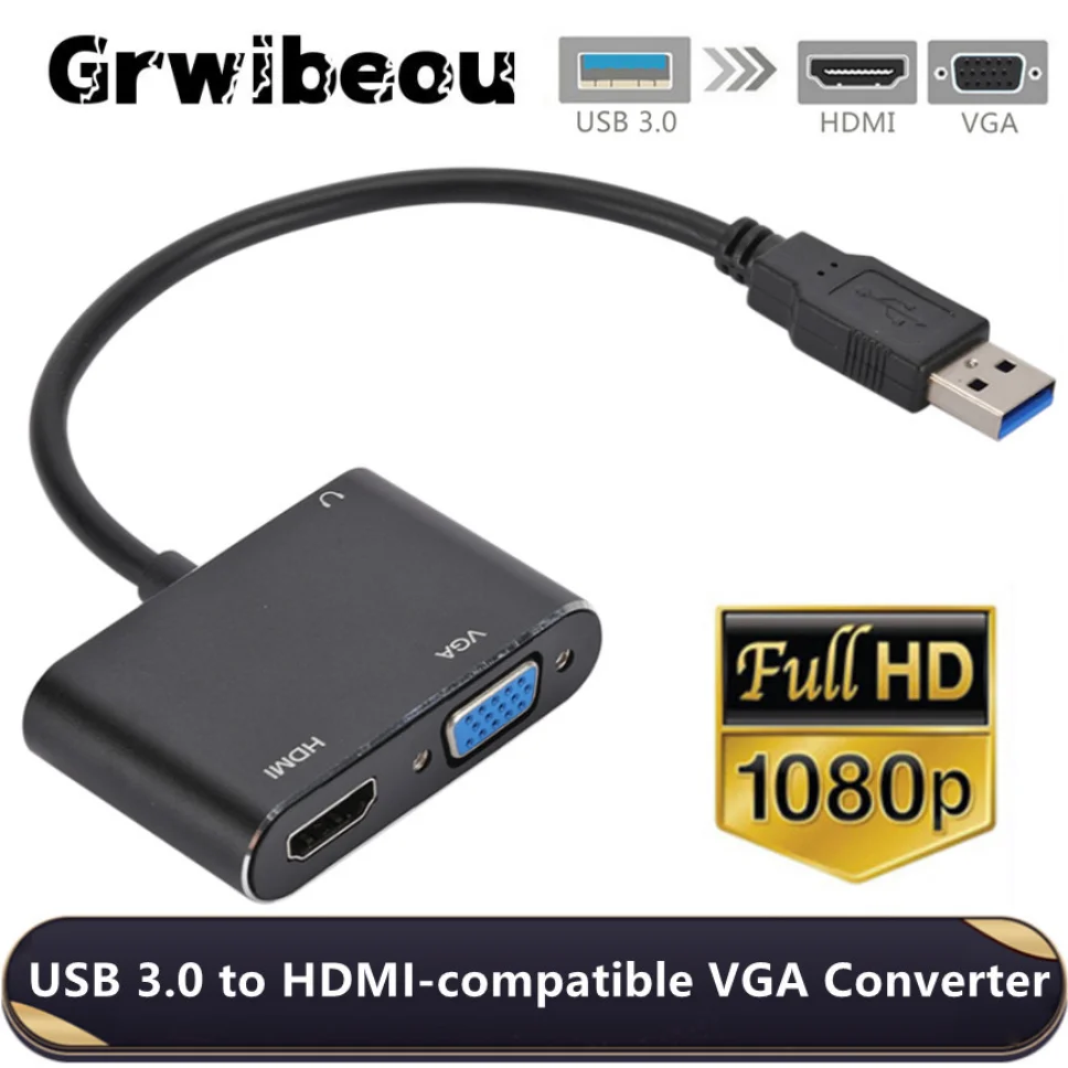 Grwibeou 2-in-1 USB 3.0 zu HDMI VGA Konverter Dual Output Adapter 1080P USB zu VGA HDMI Adapter Kabel für Mac OS Windows 7/8/10