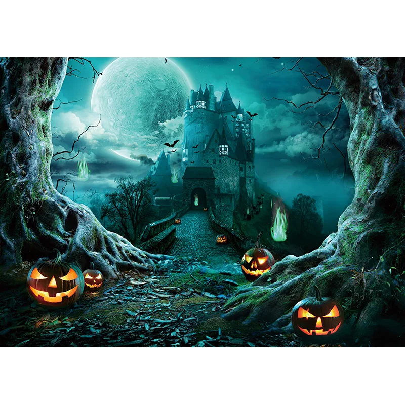 Fondo de Halloween para niños y adultos, telón de luna llena, noche aterradora, castillo, árboles, calabaza, linterna, decoración de fiesta familiar, WH-01