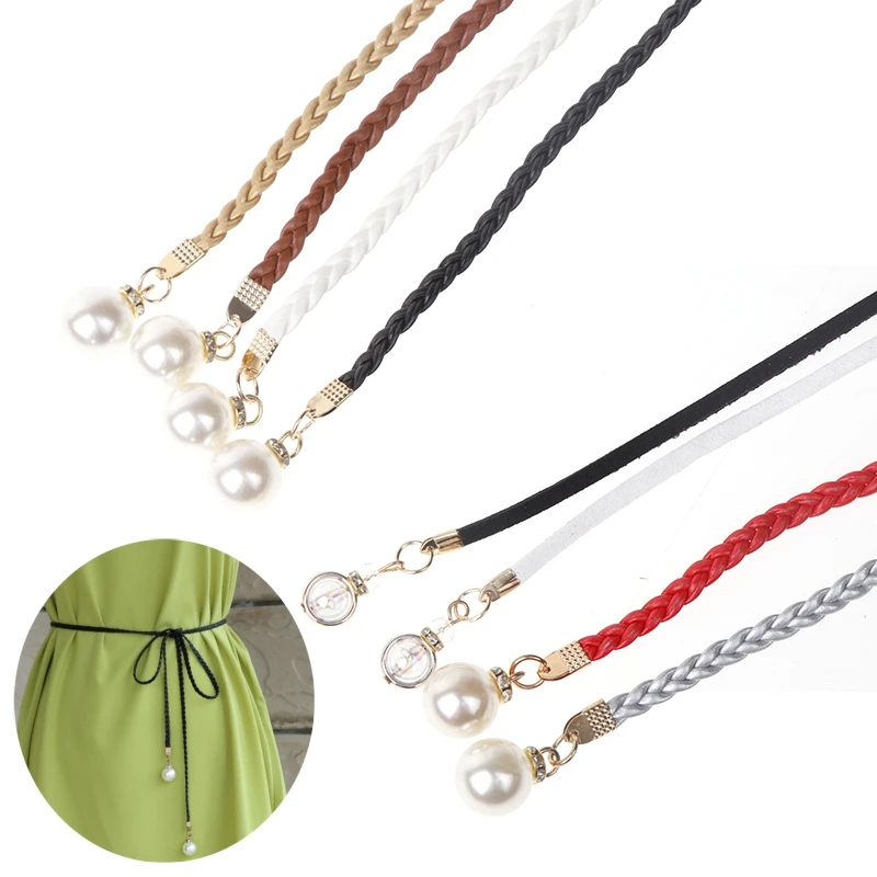 Retro PU Braided Pearl Belt Waist Chain Versatile Women Leather Rope Waistband Waist Rope Jeans Dresses Clothing Accessories