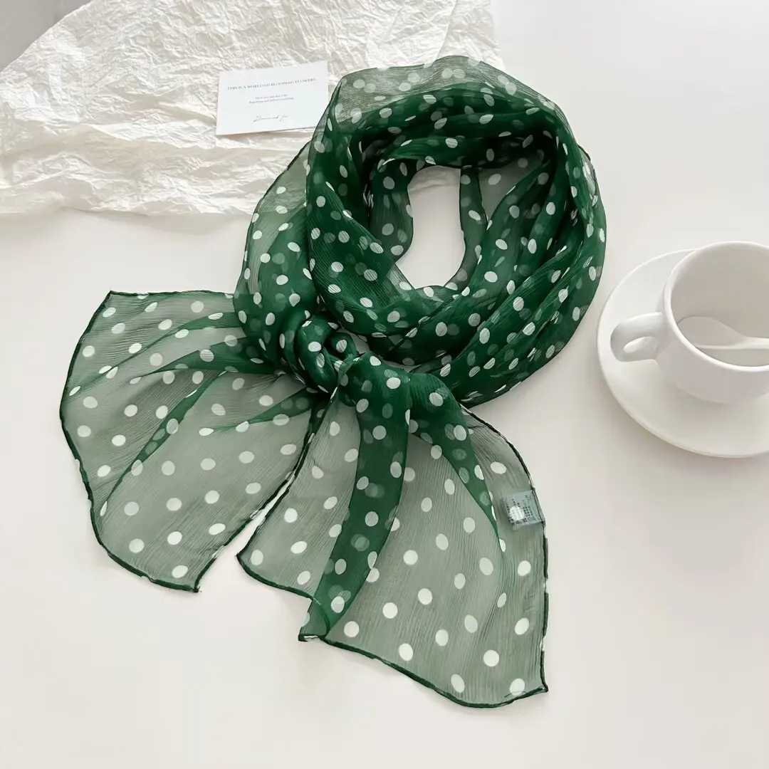 

100% Silk luxury brand scarves for women Korean fashion vintage dark green polka dot print neck scarf headbands woman hijabs