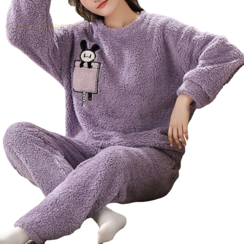 Winter New Plush Women\'s Pajamas Sets Thick Fleece Cartoon Printed Sleepwear Velvet Homewear Kawaii Girsl Pijamas Mujer Pyjama