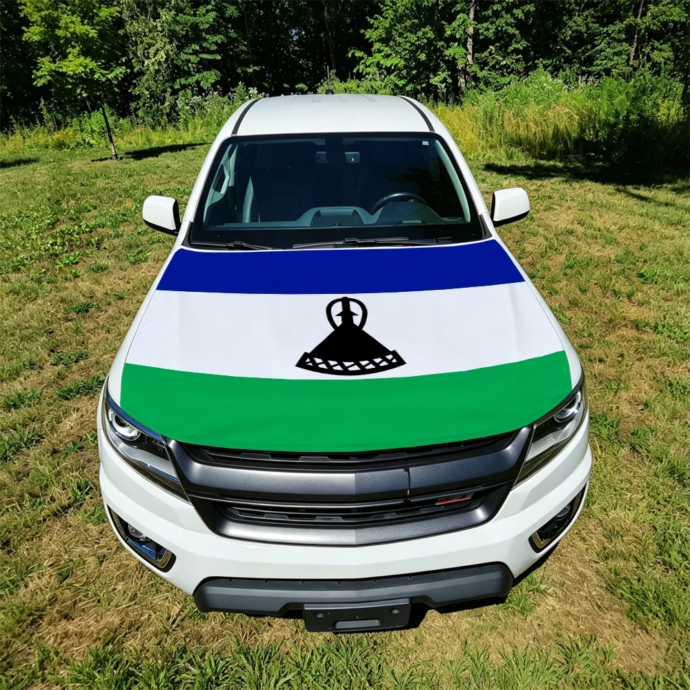 130x160cm Lesotho Flag Car Hood Cover, Elastic Windproof Patriotic Bonnet Banner