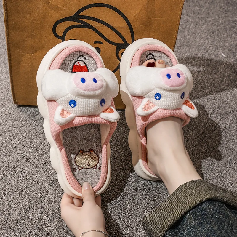 Breathable Linen Slippers Women Cute Squirrel Home Platform Shoes Comfort Cartoon Couples Indoor Slipper Ladies Fashion Slides