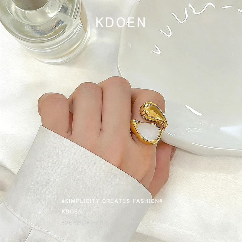Gold Plated Open Ring, Teardrop White Stone Bypass Ring Elegant Pear Shape Statement Jewelry Adjustable Finger