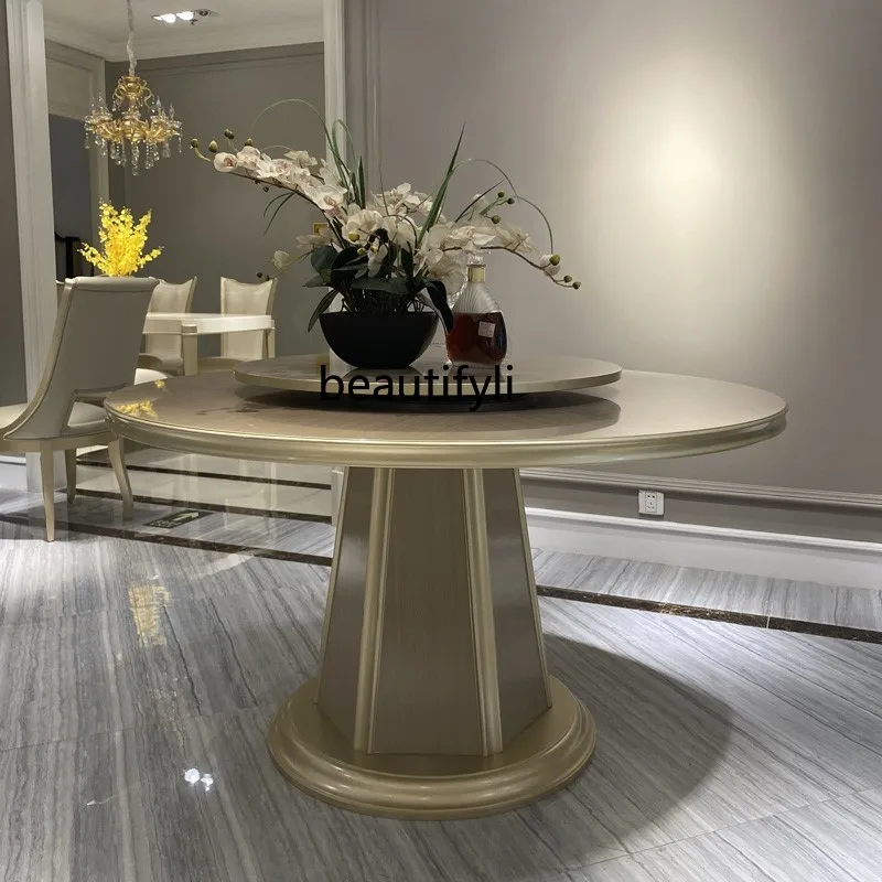 

American light luxury solid wood with turntable round dining table, modern and simple, dining table furniture