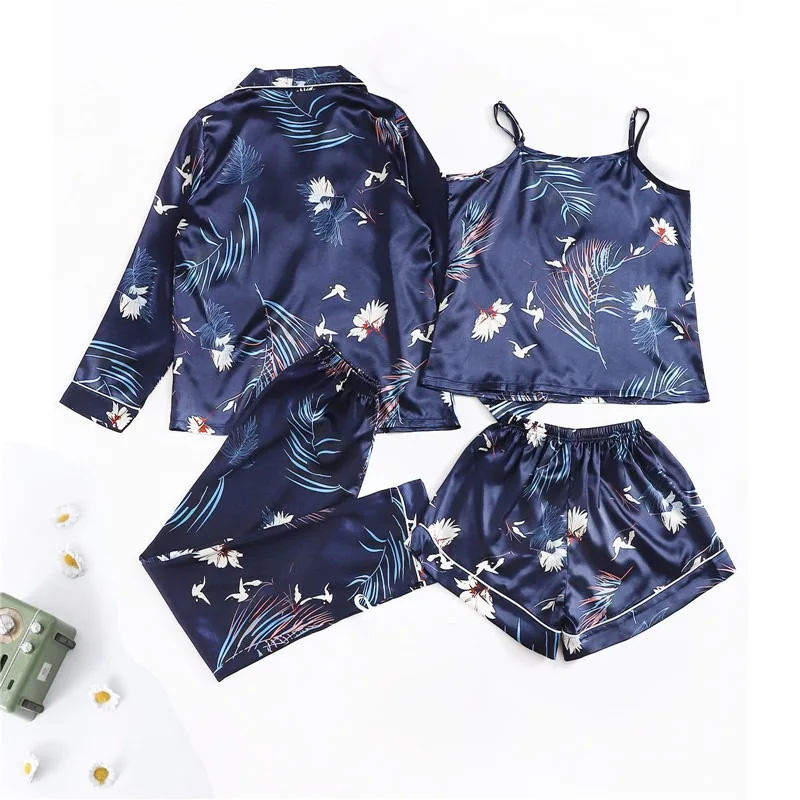 2022 Women Pajamas Sets Satin Sleepwear Silk 4 Pieces Nightwear Pyjama Strap Lace Sleep Lounge Pajama with Chest Pads