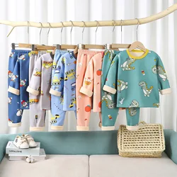 2023 Autumn Winter Kids Thick Warm Pajamas Baby Boys Girls Cartoon Long Sleeve Round Neck Pyjamas Toddler Sleepwear Clothing Set