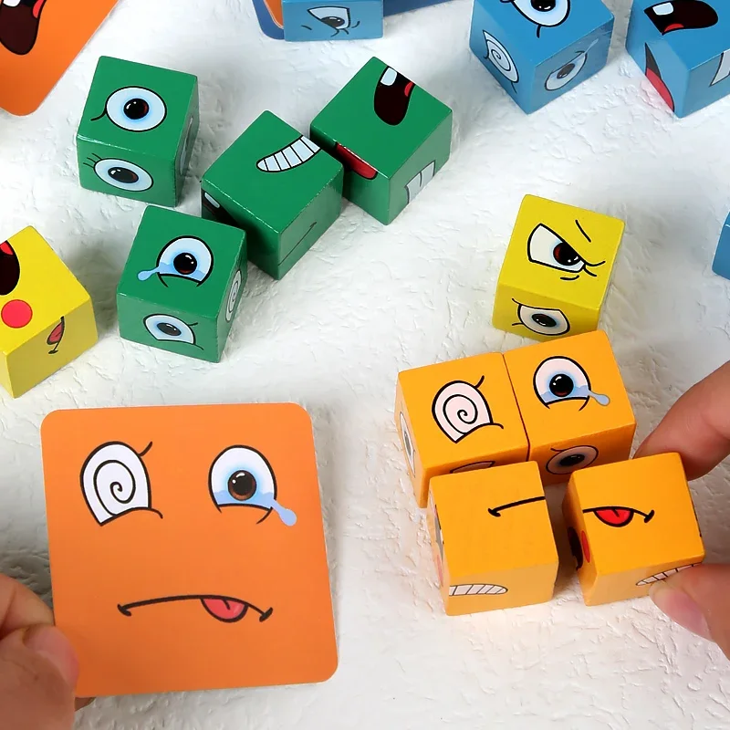 Jouets éducatifs pour enfants, blocs de changement d'émotion, expressions, puzzle, jeux de cubes pour enfants, apprentissage précoce, visage géométrique Montessori