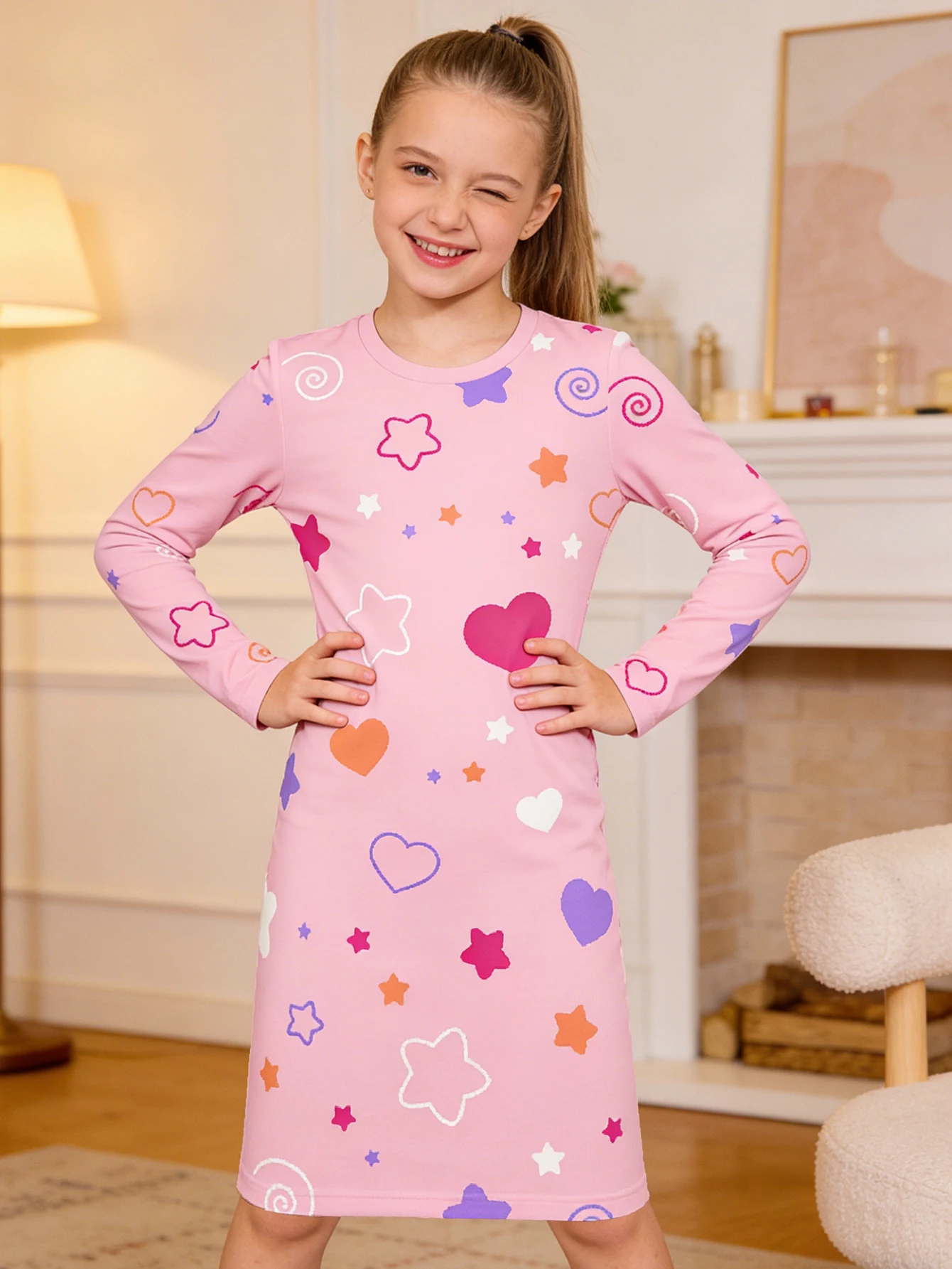 

2026 Girls Pink Love Star Long Sleeve Slim Skirt