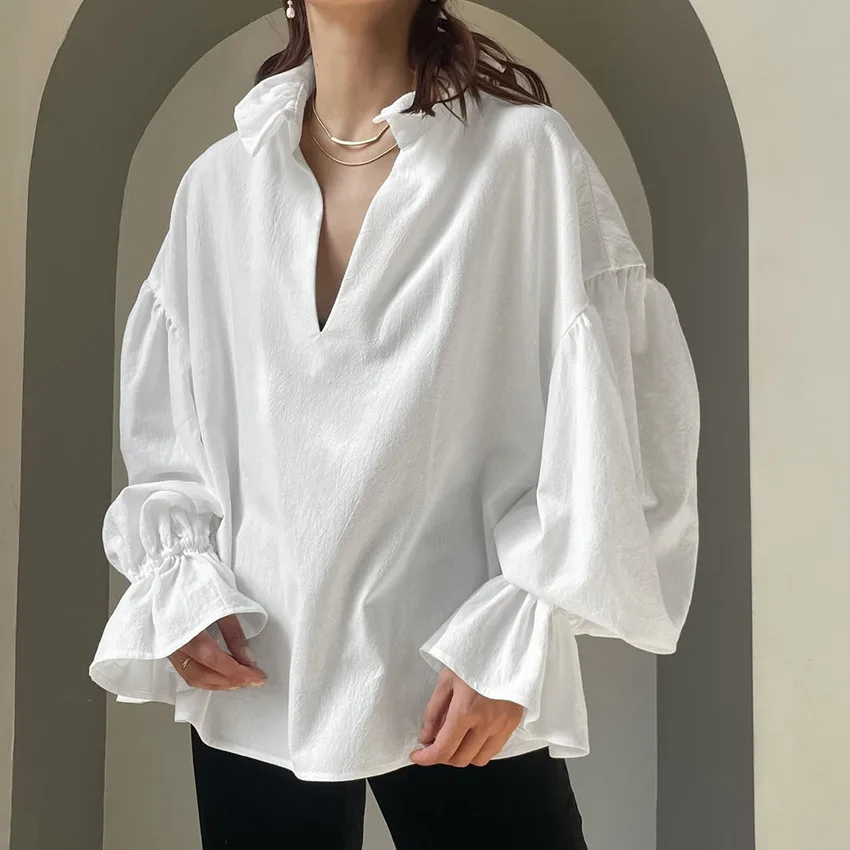 

Pure Cotton Wrinkle White Shirt Women's 2026 Spring High-end Loose V-neck Bubble Sleeve Long-sleeved Top