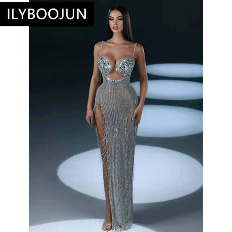 Women Summer Sexy Crystal Diamonds Silver Sequins Long Bodycon Dress 2024 Elegant Party Evening Stage Performance Dress Vestido