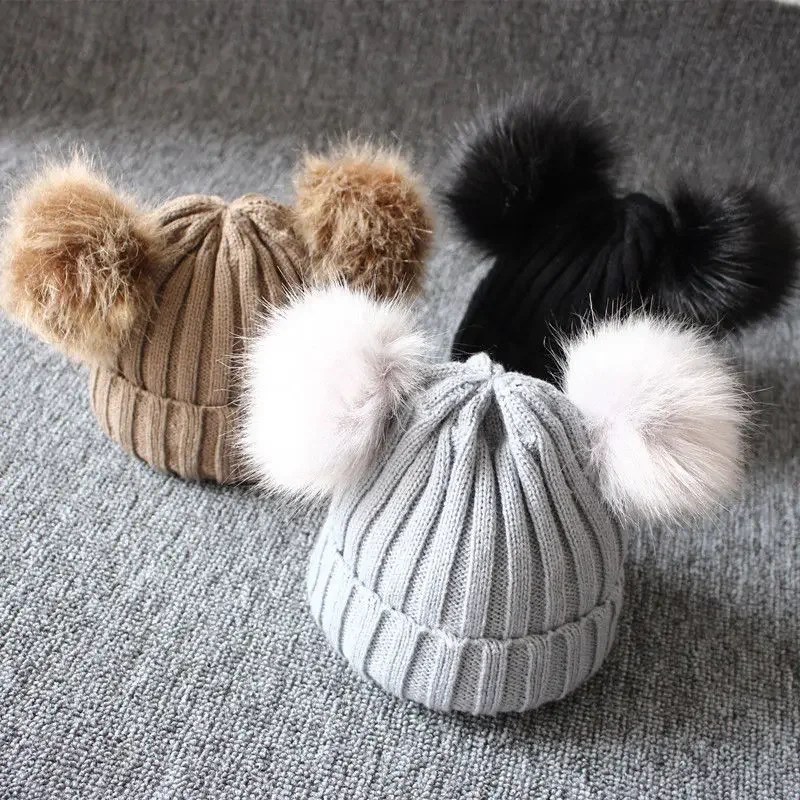 2023 Brand New Newborn Baby Kids Girls Boys Winter Warm Knit Hat Furry Balls Pompom Solid Warm Cute Lovely Beanie Cap Gifts