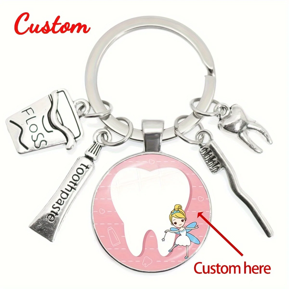Custom Tooth Gem Keychain with Toothbrush Toothpaste Dental Charms, Alloy Circular Bag Pendant, Birthday Gift for Women, Fashion
