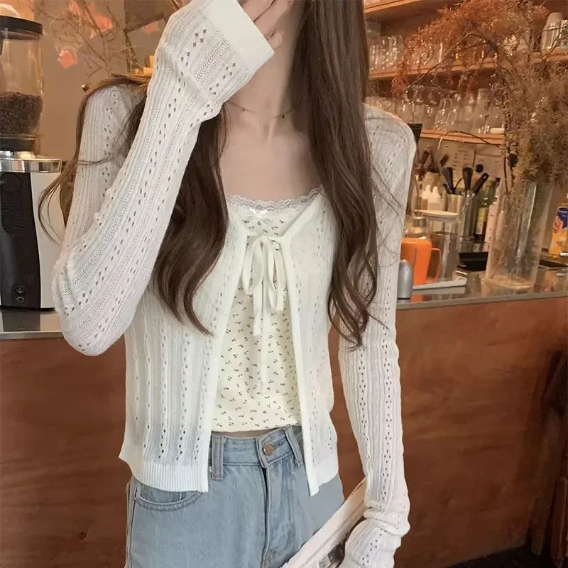 

White V-ne Knitted Cardigan Women's Spring Autumn New Strap Outer Hollow Out Sun Protection Top