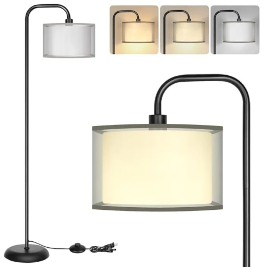 

LED Floor Lamp for Living Room, Modern Standing Lamp with Feet Switch Grey Organza Fabric Shade Tall Pole Reading Lamp for Bedr