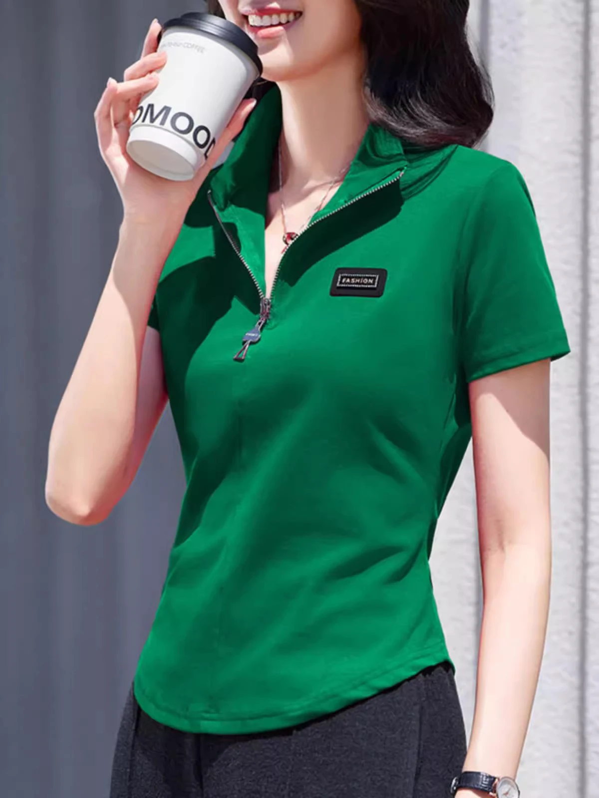New Women Summer Short Sleeve T-shirt Fashion Zipper Polo Collar Slim Short Pullovers Simplicity Casual Cotton T-shirt