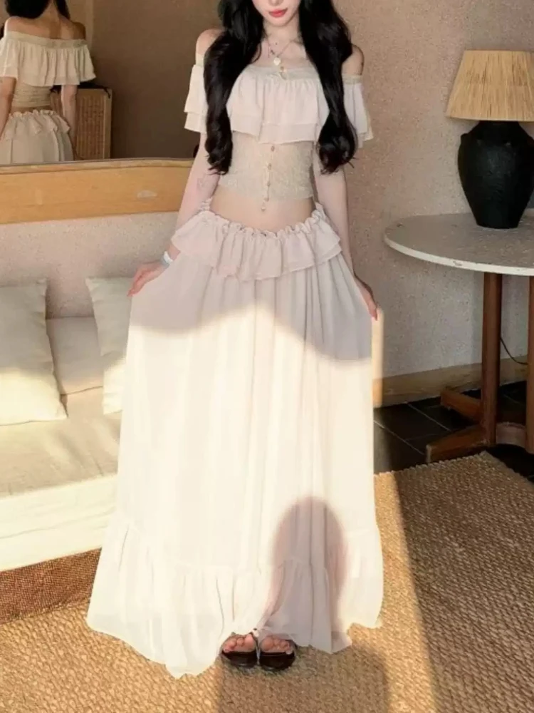 

French Sweet Elegant Fashion 2 Piece Set Women Chic Slash Neck Y2k Tops + Long Skirts Japanese Casual Slim High Street Outfits