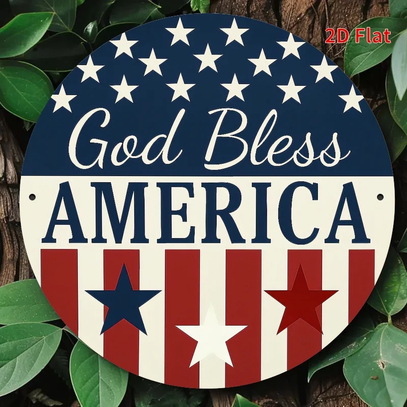 Patriotic God Bless America Metal Sign - Round 2D Flat Printed Wall Decor with American Flag Design, Durable Indoor/Outdoor