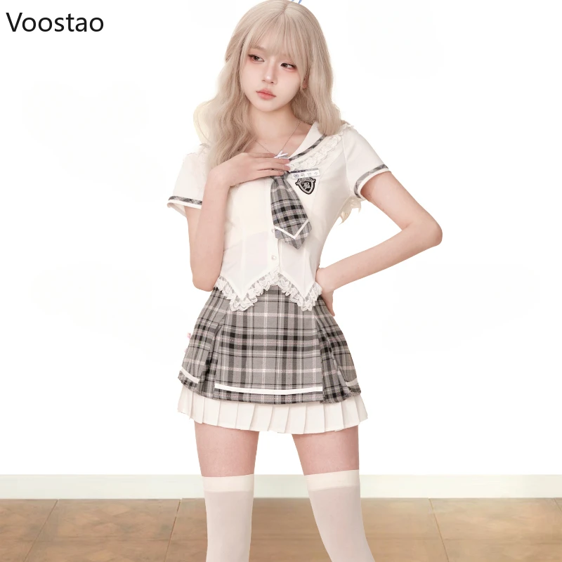 Preppy Style Sweet Lolita Two Piece Set Women Cute Sailor Collar Blouses Tops Mini Plaid Skirts Suit Female Korean Y2k Outfits