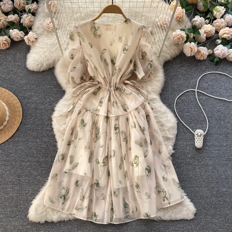 

Women Dress Summer Casual All Match Drawstring Slim Waist Print Floral Long Dress Elegant Puff Sleeve Party Vestidos
