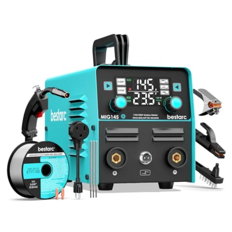 

bestarc 145A MIG Welder, 110V/220V Gasl Flux Core MIG Welder/Lift TIG/Stick 3 in 1 Synergic MIG145 5GEN Welding hine, Portable