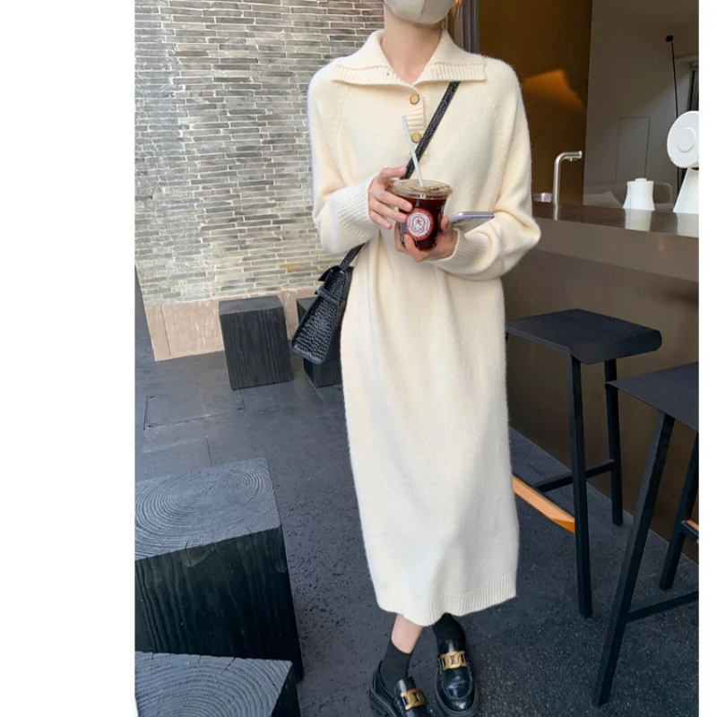 Autumn and Winter New Dress Women's 100% Merino Wool Knitted Knee length Long Dress Casual Loose Large Korean Style Skirt