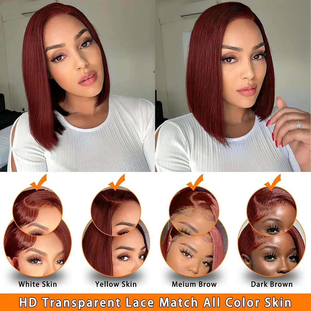 Peluca de cabello humano Bob marrón rojizo 13x4 HD peluca frontal de encaje transparente recta 33 #   Shot Bob peluca 8-14 pulgadas 180 de densidad para mujeres