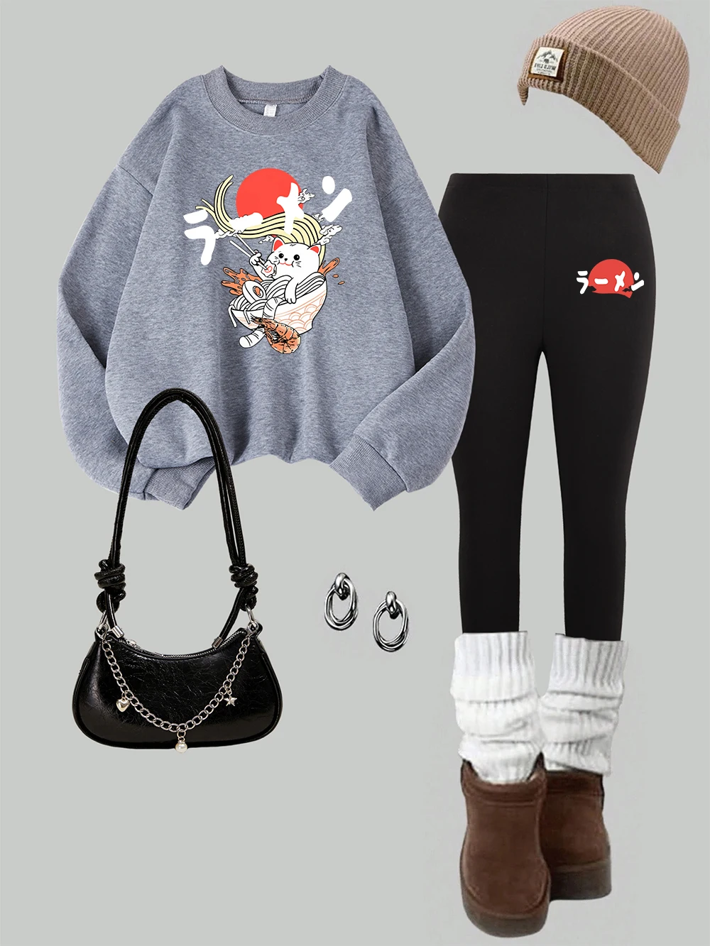 2-teiliges Damen-Sweatshirt mit japanischem Nudel-Katzen-Druck, Leggings-Set, Herbst-Fleece-Thermo-Hoodies, Hosen, lässige Damenkleidung