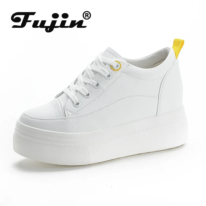 fujin 8cm 2024 Genuine Leather Women shoes white skateboard sneakers platform wedge shoes air mesh hollow breathable