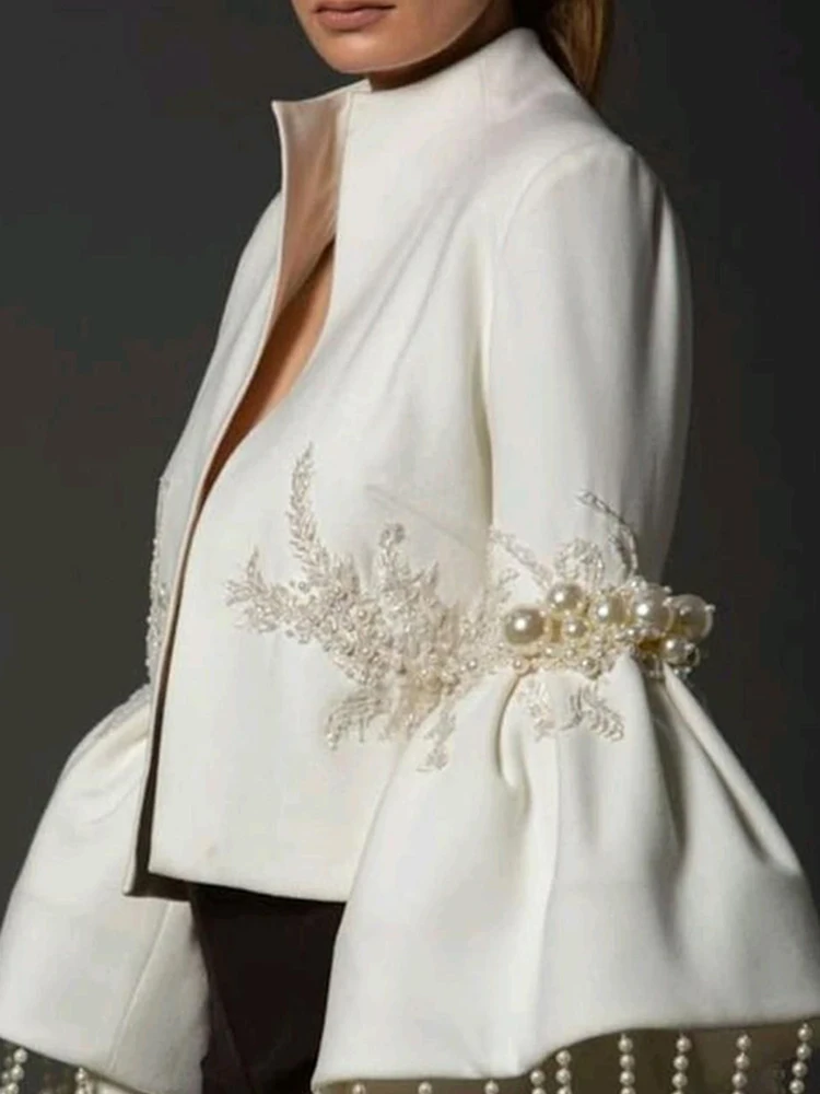 Cakrisyal Women's Elegant Pearl Fringe Jacket Embroidered Stand Collar Autumn Flared Sleeves Fashion British Female Jacket Coats