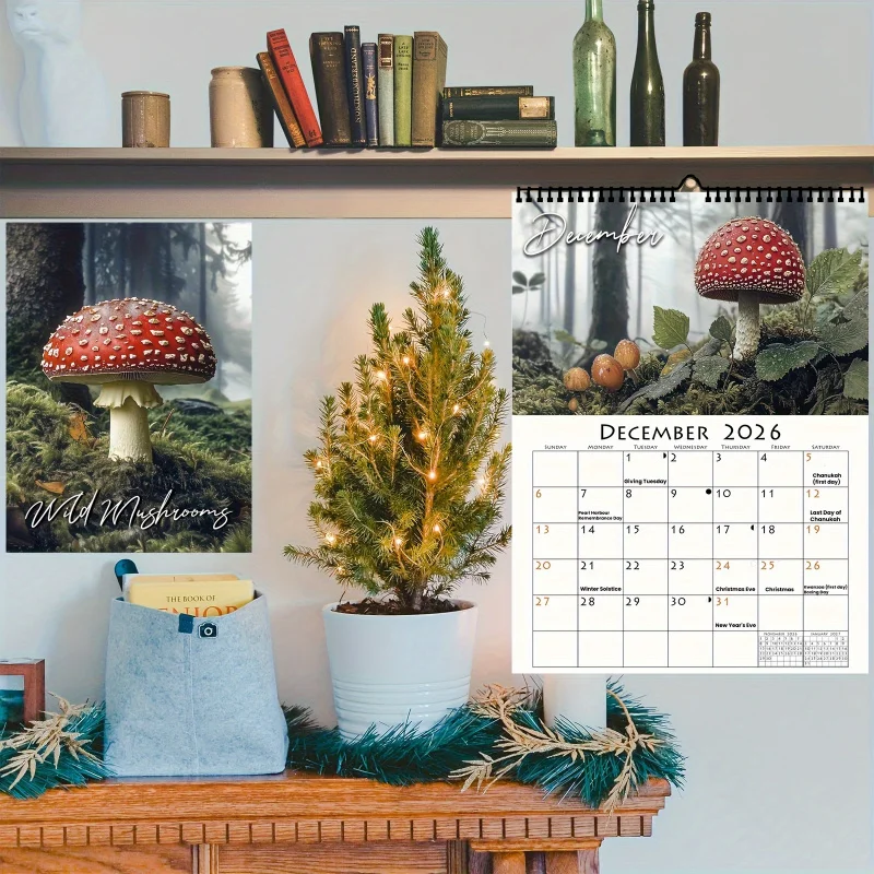 تقويم الفطر البري لعام 2026 - فطر مرقط باللونين الأحمر والأبيض، بما في ذلك من يناير إلى ديسمبر والعطلات