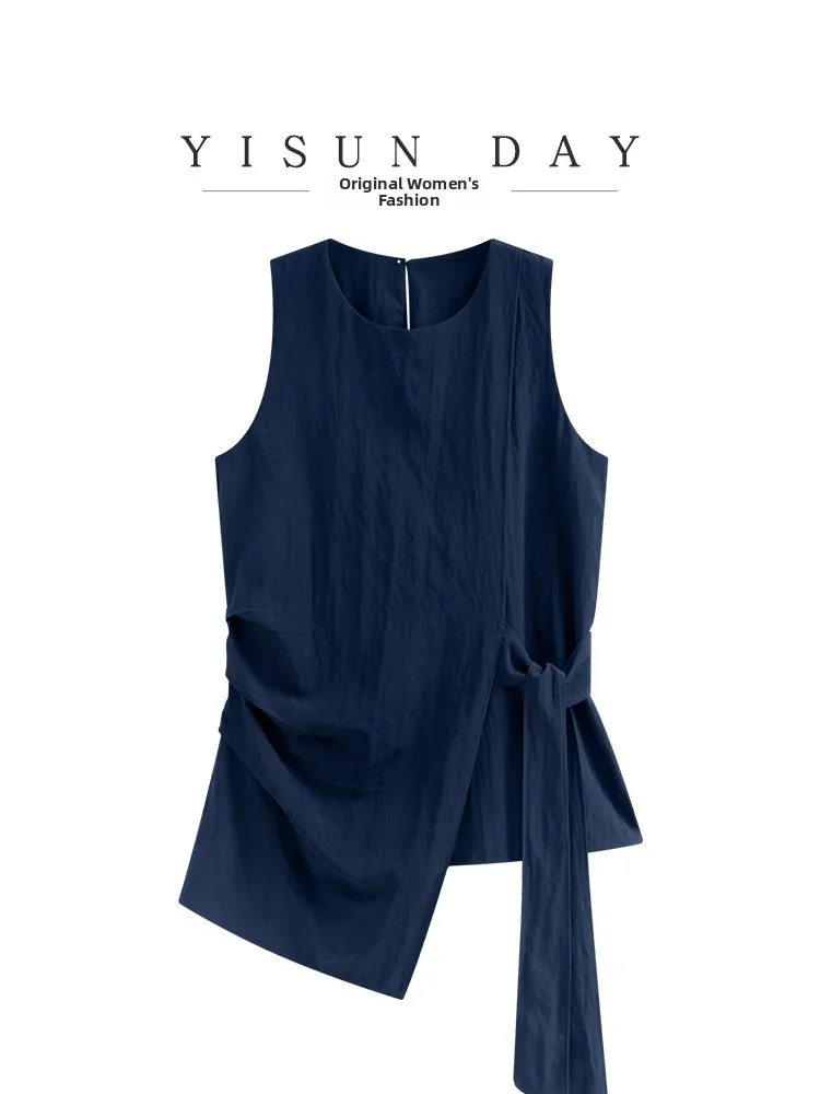 

Новинка лета: Женский синий асимметричный шифоновый топ с круглым вырезом, утягивающий талию, с завязками, в корейском стиле