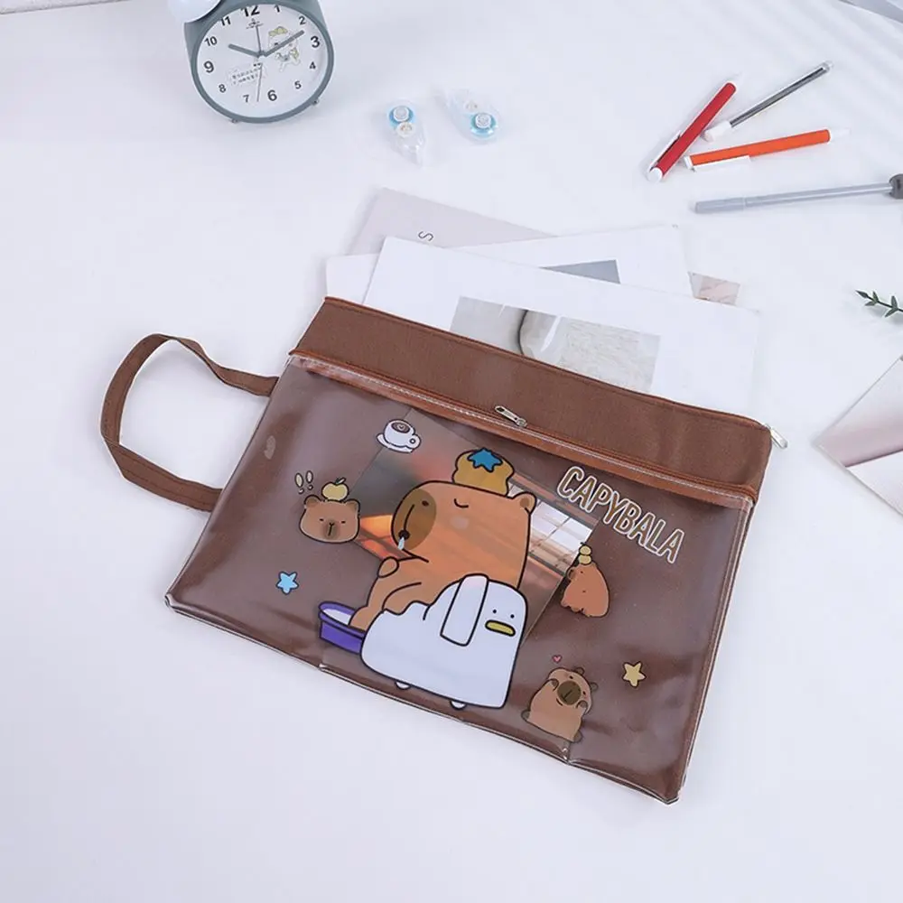 New Capybara File Bag Double Layer Hand-held Zipper Bag Large Capacity Panda Homework Storage Bag