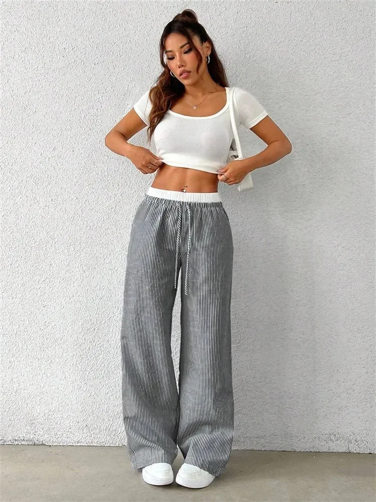 Spring Women Fashion Casual Striped Wide Leg Pants with Contrasting Colors Loose Print Spicy Girl Drawstring Straight Leg Pants