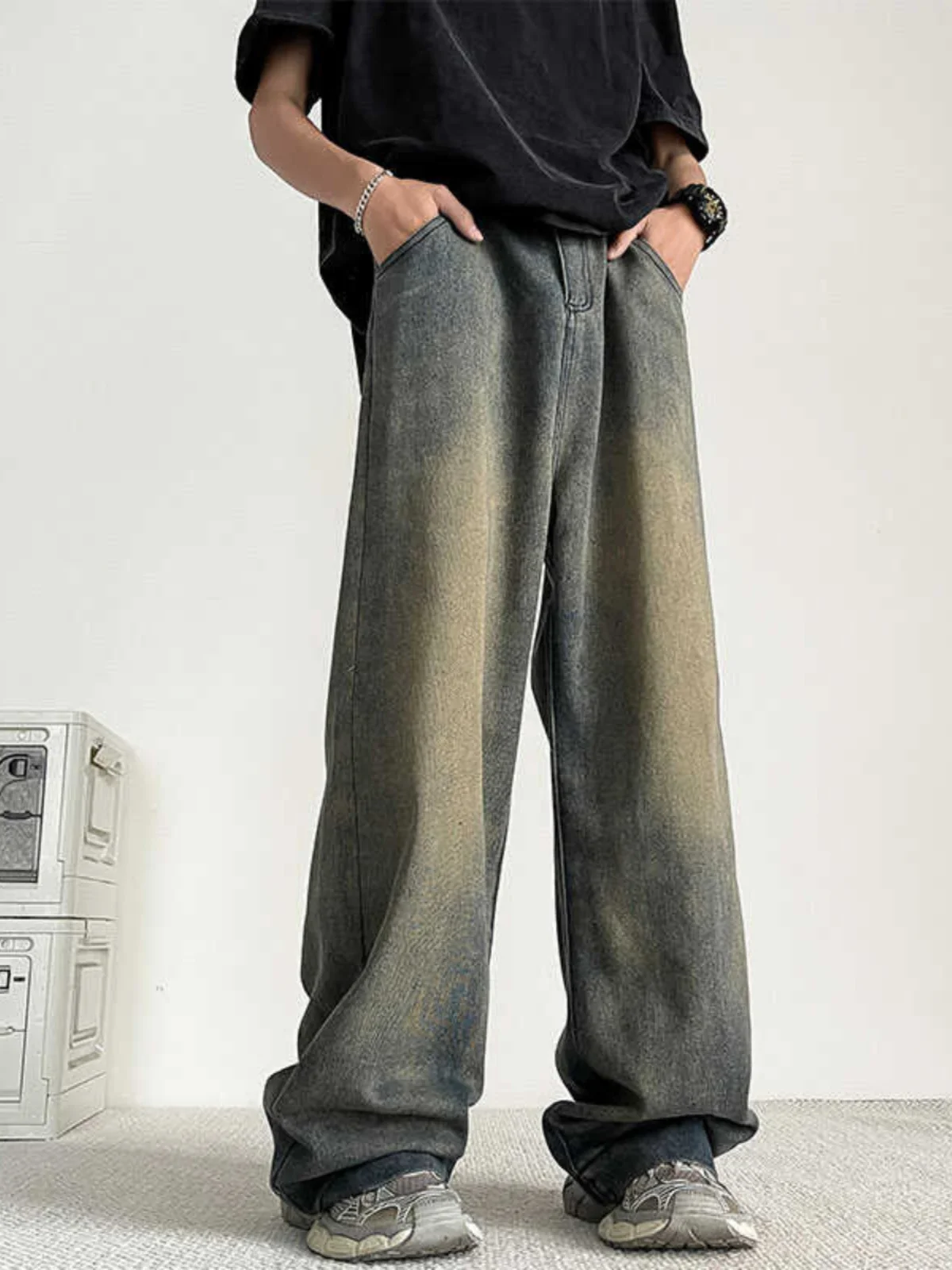 

Summer Thin Floor-Length Men's Jeans Straight Leg Bell Bot Casual Trendy High Street Retro Japanese Sle Wide Leg Pants