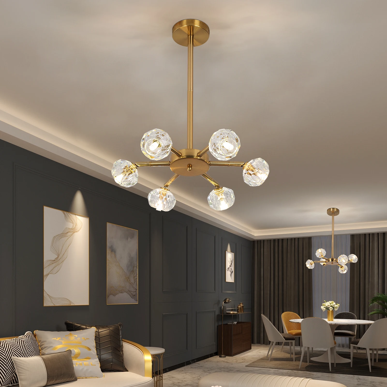 

Modern Chandelier Led Pendant Light Crystal Ball Cluster Lustre Hanging Ceiling Lamp Living Room Dining Table Home Decor Fixture