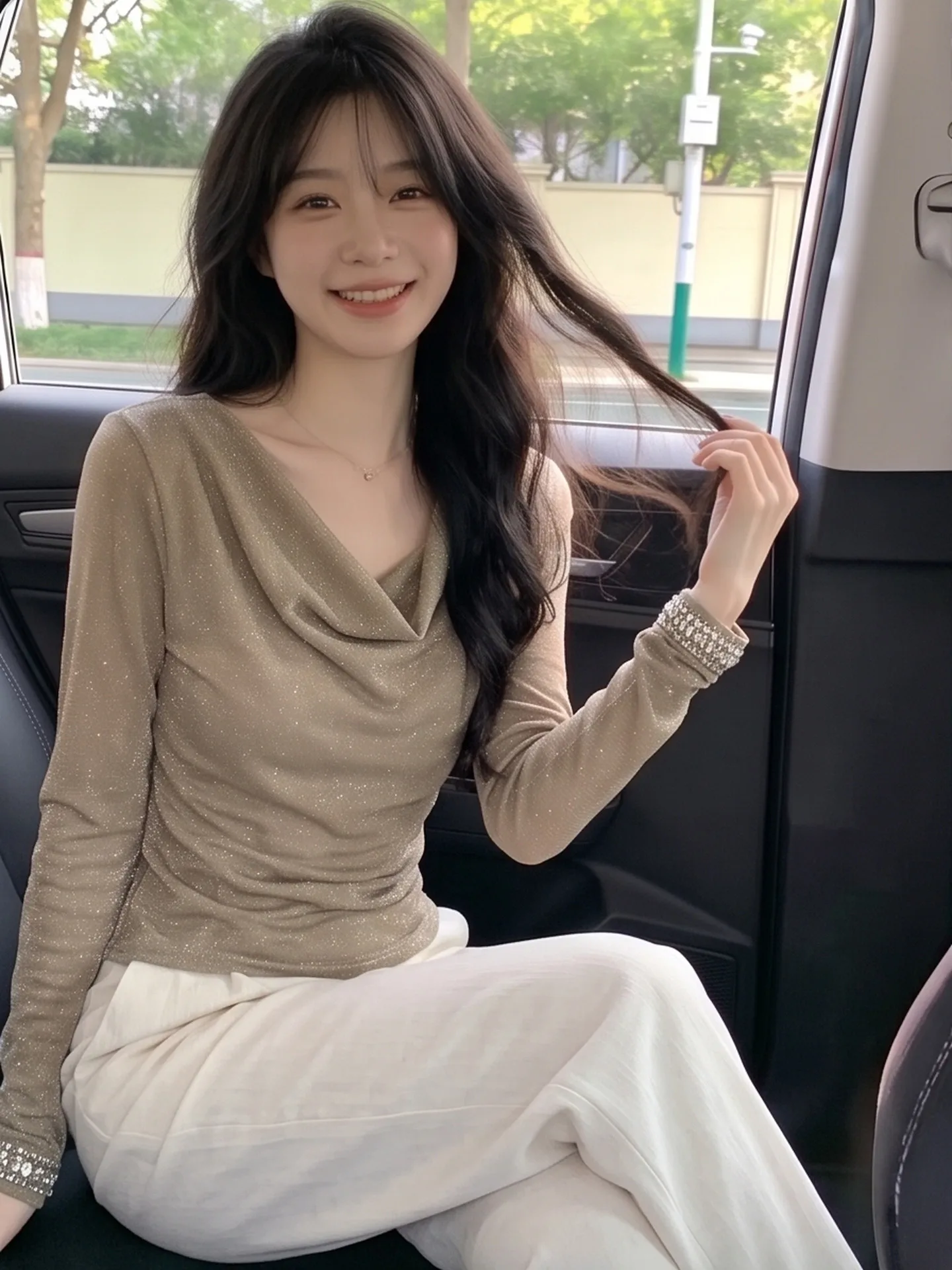 Pure Desire Atmosphere Long Sleeve T-Shirt Women's Early Autumn Korean Style Gentle Personality Slimming Drop Neck Top