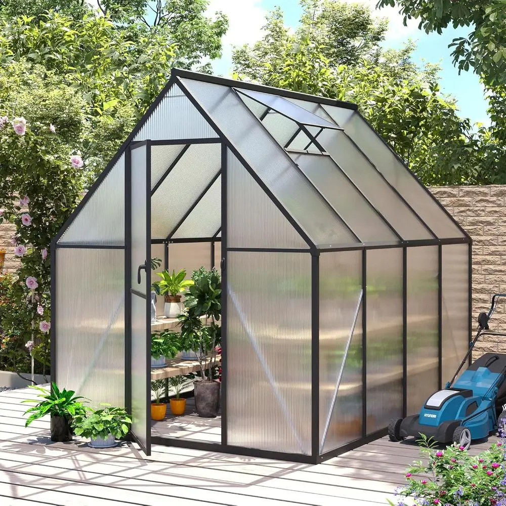 

6x8 FT Outdoor Polycarbonate Greenhouse with Roof Vent, Enhanced Aluminum Large Walk-in Green House for Garden Backyard