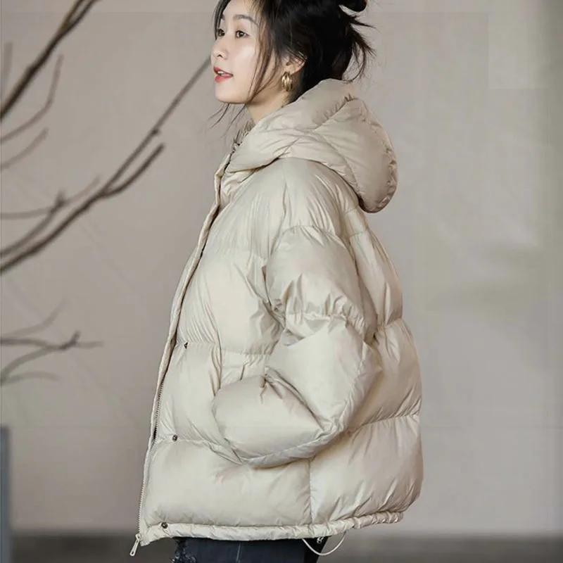 Women's White duck down Down jacket Short style Fashionable Lightweight Warm Hooded Outerwear Loose fit New style Solid colour