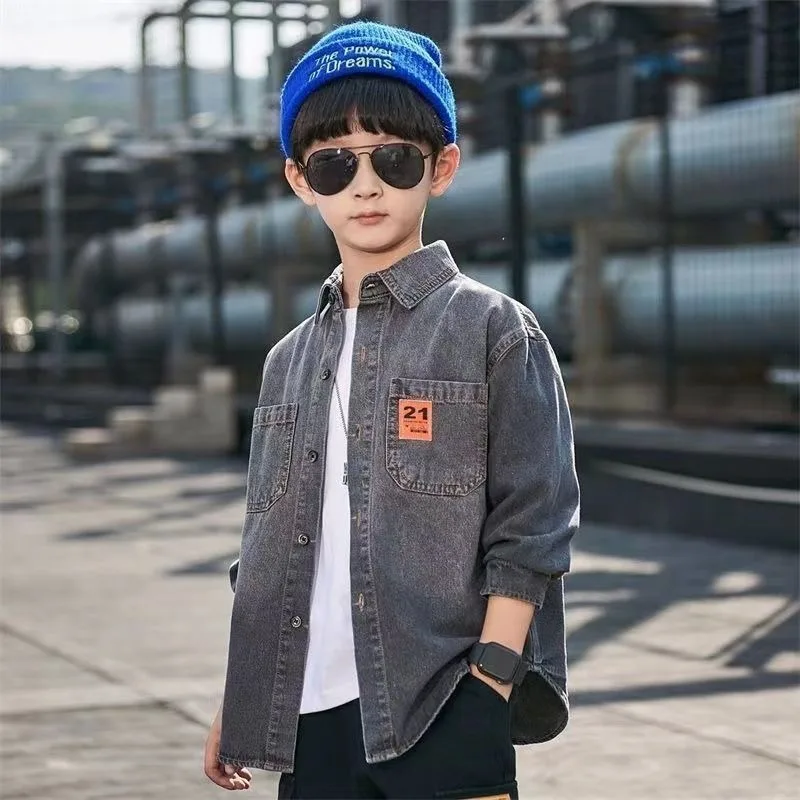 Boys' Premium Denim Shirt Spring Autumn Korean Style Stylish Jacket for Medium Large Kids Breathable Versatile Outdoor Wear